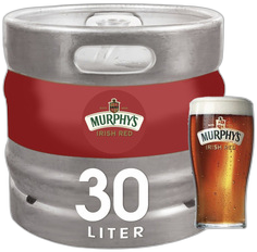 30-liter metalen fust met Murphy's Irish Red logo en glas bier naast het fust