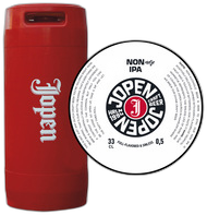 Rood 20L Jopen-fust links met ronde witte Jopen Non IPA-schijf rechts