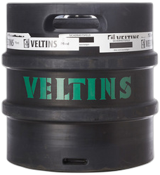 Zwart metalen 30 liter bierfust met groen VELTINS-merk en handvat bovenaan