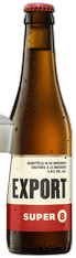 Bruine 33cl Super 8 Export pilsfles met rood-wit etiket en condens tegen een donkere achtergrond