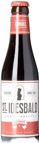 Fles St. Idesbald Dubbel 33cl tegen zwarte achtergrond, full shot met duidelijk etiket en rode kroonkurk