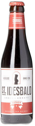 Bruine 33cl fles St. Idesbald Dubbel met rood-witte etiketten tegen zwarte achtergrond