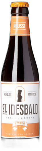 Fles St. Idesbald Rousse van 33 cl met oranje etiket tegen zwarte achtergrond