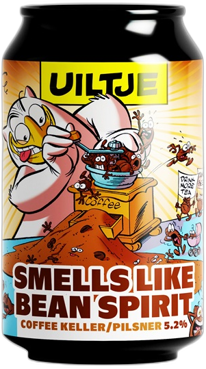 Blik met kleurrijk etiket van Uiltje 'Smells Like Bean Spirit' met cartoonuil en koffiebonen