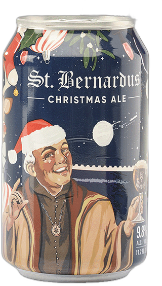 Blikje St. Bernardus Christmas Ale met kerstillustratie van een monnik en feestelijke versiering