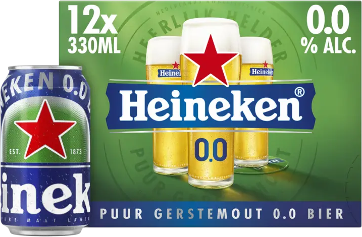 Verpakking van Heineken 0.0% 12-pack met blikje en glazen op groene achtergrond