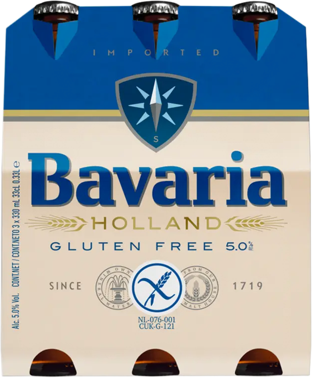 Verpakking van drie Bavaria gluten free flesjes met blauw-beige ontwerp en merklogo