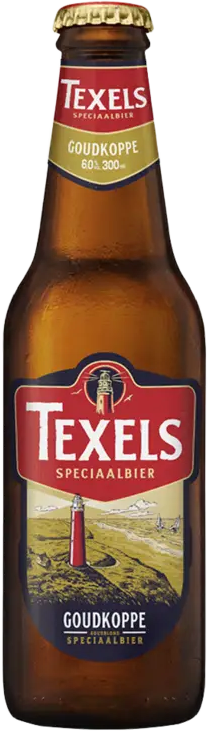 Bruine Texels Goudkoppe bierfles van 0,30 liter met rood-wit etiket en vuurtorenillustratie