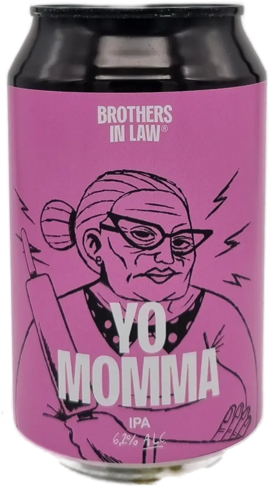 Roze blikje Brothers in Law 'Yo Momma' IPA met illustratie van strenge oma en bold witte tekst
