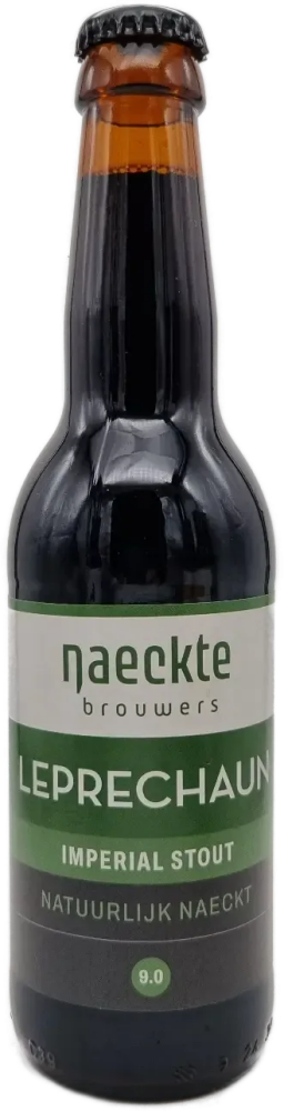 Donkere 33cl fles Leprechaun Imperial Stout met groen-witte etiket en zwarte kroonkurk