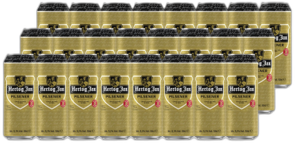 Tray met 24 goudkleurige blikjes Hertog Jan Pilsener van 0,5 liter