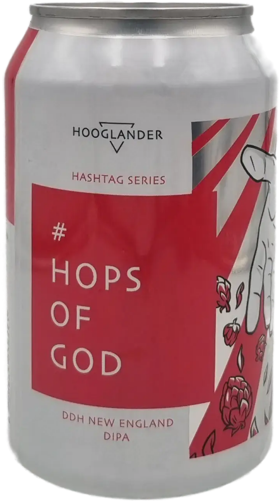 Blikje Hooglander 'Hops of God' met rood-wit etiket en hopsillustraties