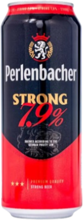 Zwarte en rode blik met Perlenbacher Strong 7.9% branding vooraan