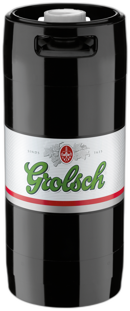 Zwart 19,5L Grolsch fust met zilveren etiket en groene merknaam