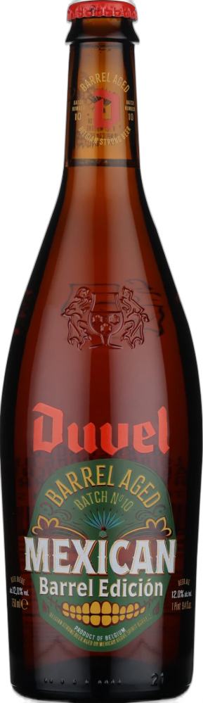 Donkere Duvel-fles met rood etiket en 'Mexican Barrel Edición' opschrift