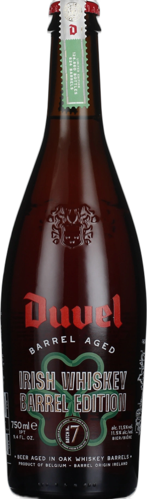 Bruine Duvel-fles met groen label voor 'Irish Whiskey Barrel Edition' en rode merknaam