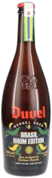 Bruine Duvel-fles met label 'Barrel Aged Brasil Rhum Edition' tegen zwarte achtergrond