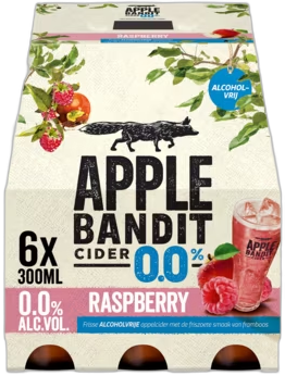 Apple Bandit Raspberry 0.0% sixpack met flesjes van 30cl Apple Bandit Raspberry 0.0% sixpack met flesjes van 30cl