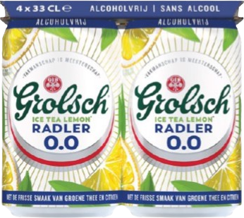 Grolsch Radler 0.0% Ice Tea Lemon 4-pack met blikjes van 33cl Grolsch Radler 0.0% Ice Tea Lemon 4-pack met blikjes van 33cl