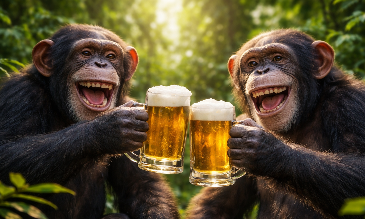 Twee chimpansees houden bierglazen vast en lachen in een groene omgeving.