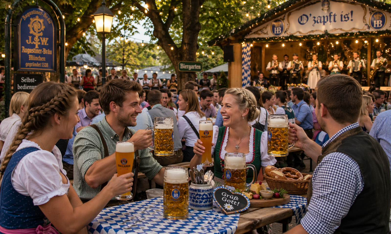 Mensen in dirndl en lederhosen vieren met bierkrukken in een Beierse biertuin.