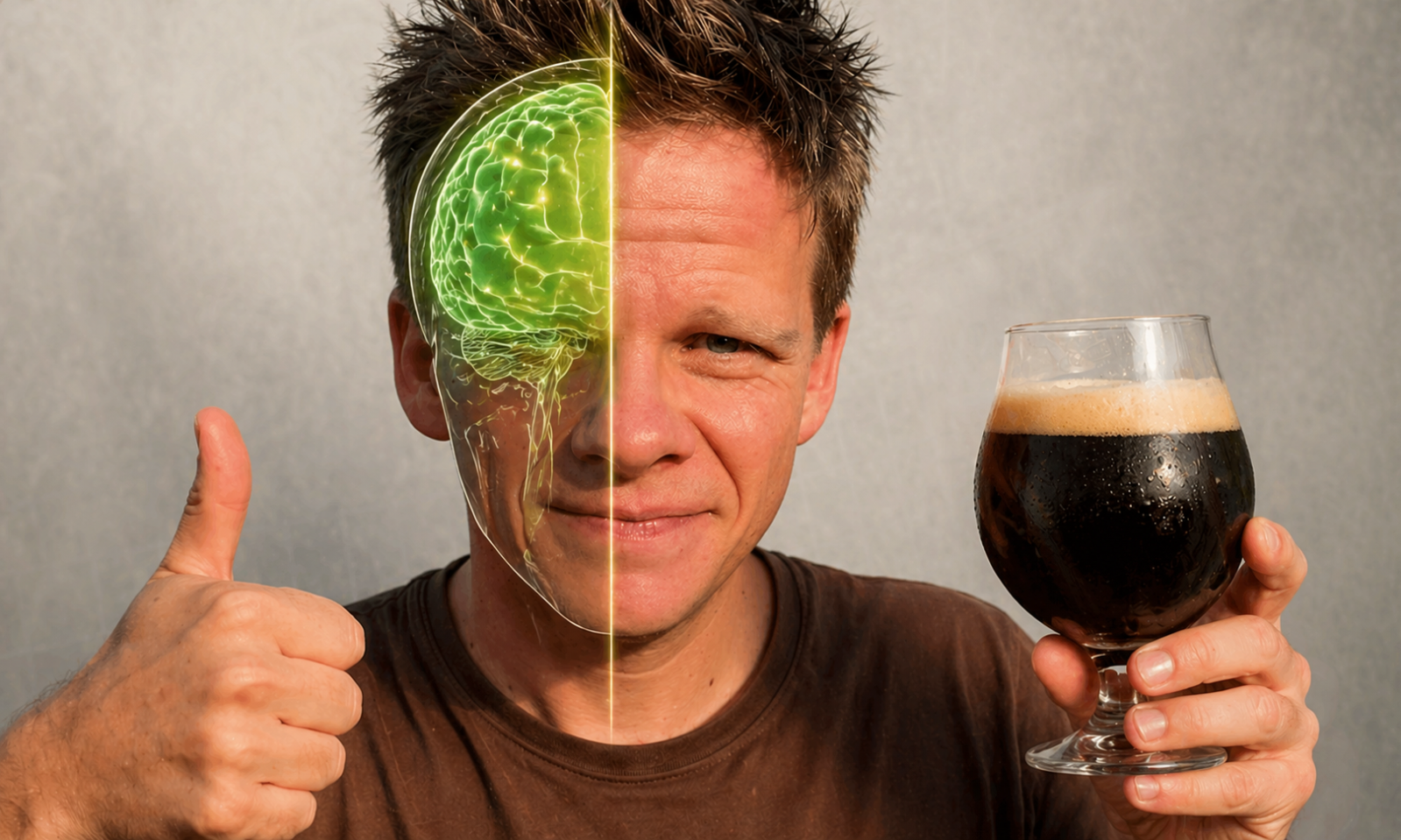 Man met halve groene hersenafbeelding en glas donker bier, duim omhoog.