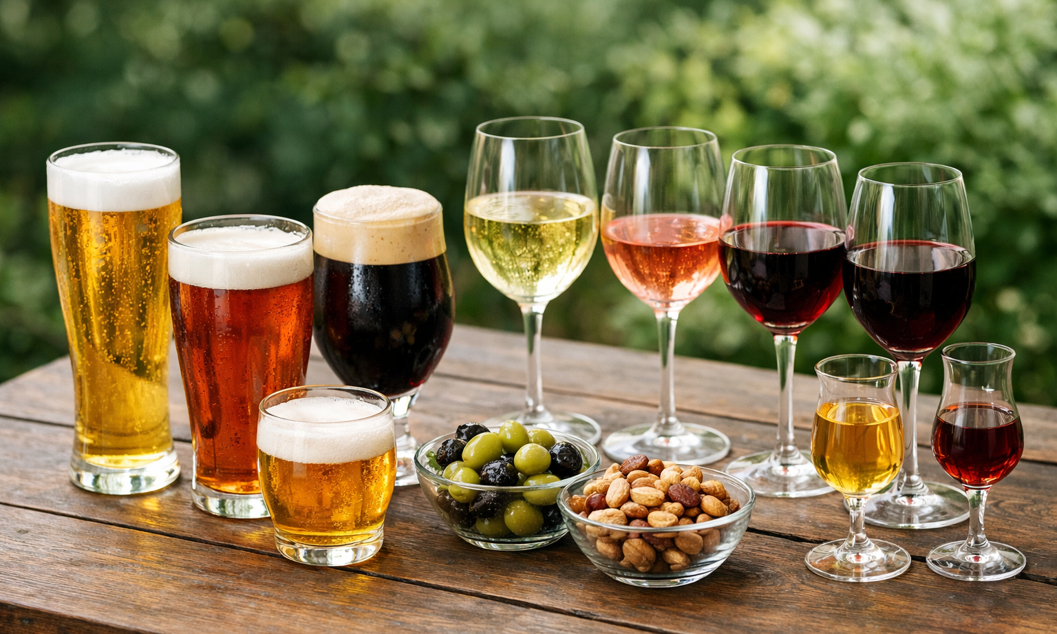 Verschillende glazen bier, wijn en snacks op een houten tafel buiten.