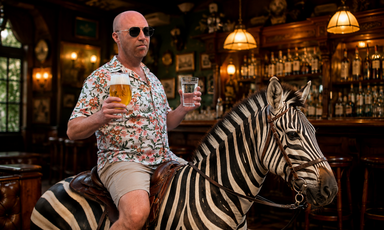 Man met zonnebril op een zebra in een café, met een glas bier en een glas water in zijn handen.