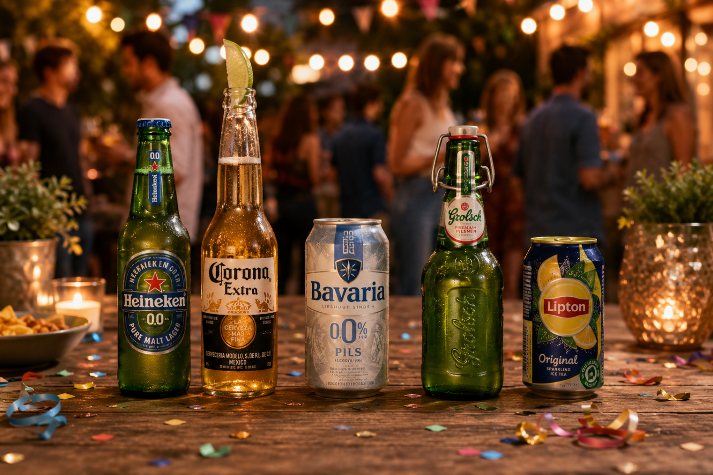 Alcoholische en alcoholvrije drankjes op een feesttafel met sfeerverlichting en mensen op de achtergrond.