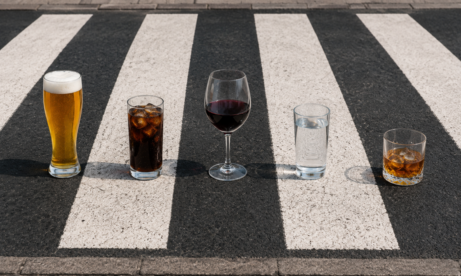 Vijf glazen met verschillende dranken staan op een zebrapad op asfalt.